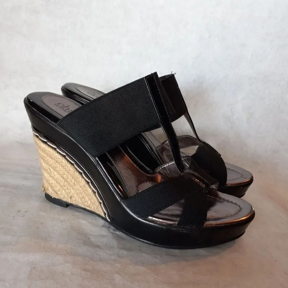 Charles by Charles David Black Wedge Platform Sandals Jute Rope Heel trim Sz 6